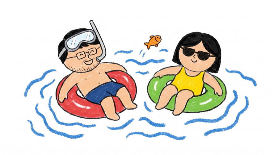 Sahil and Nikita floating in the sea