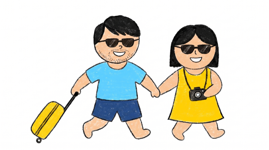 Doodles of Sahil and Nikita walking to their flight