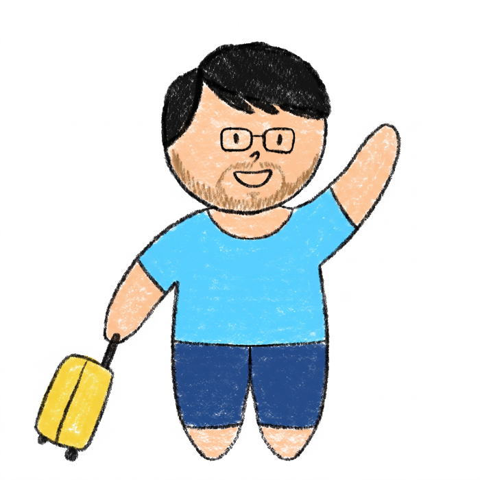 Doodle of Sahil waving with a suitcase